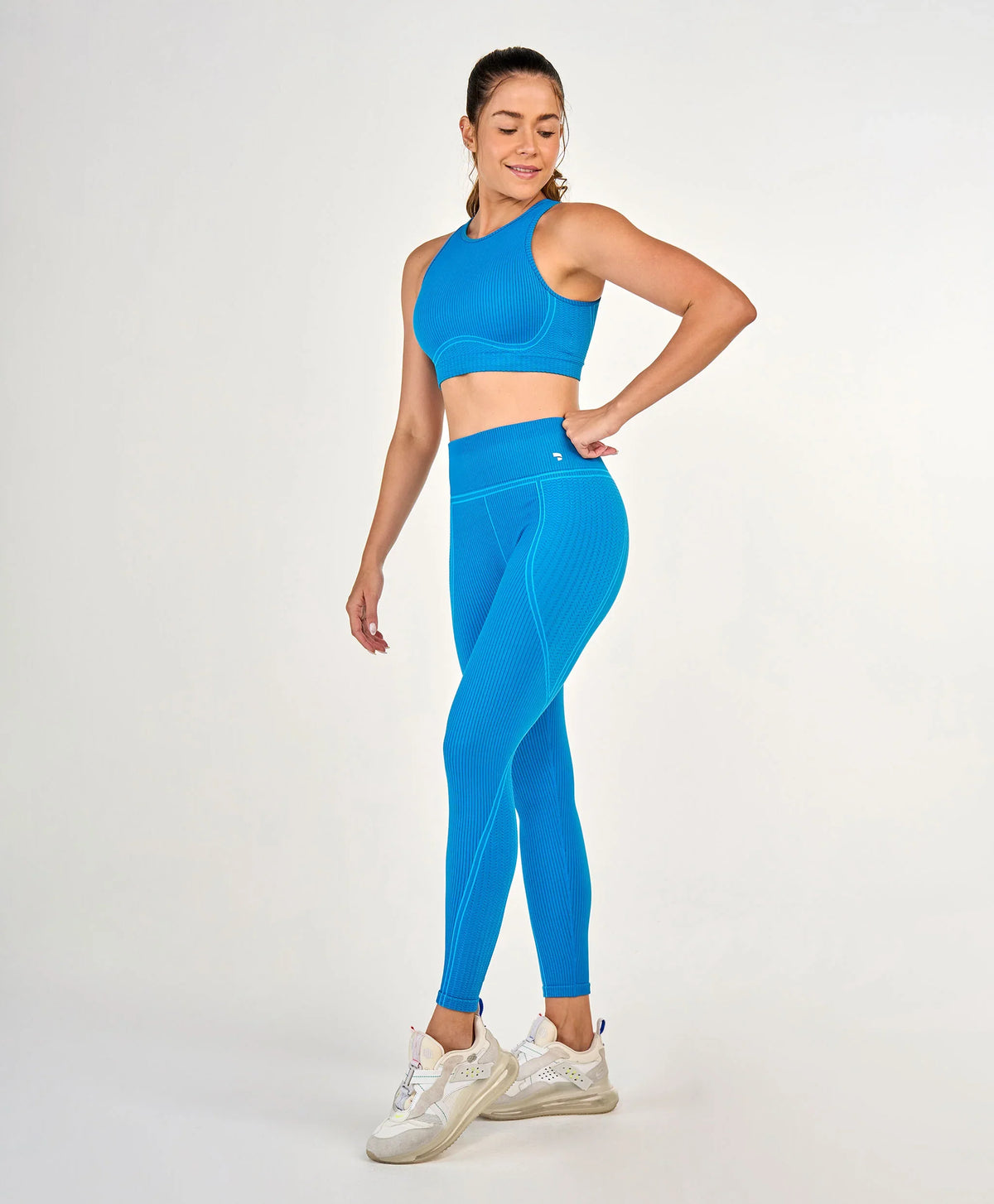 Conjunto Top e Legging Sem Costura Canelada Cos Alto Azul Alto Giro