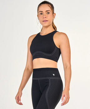 Conjunto Top e Legging Sem Costura Canelada Cos Alto Preto Alto Giro