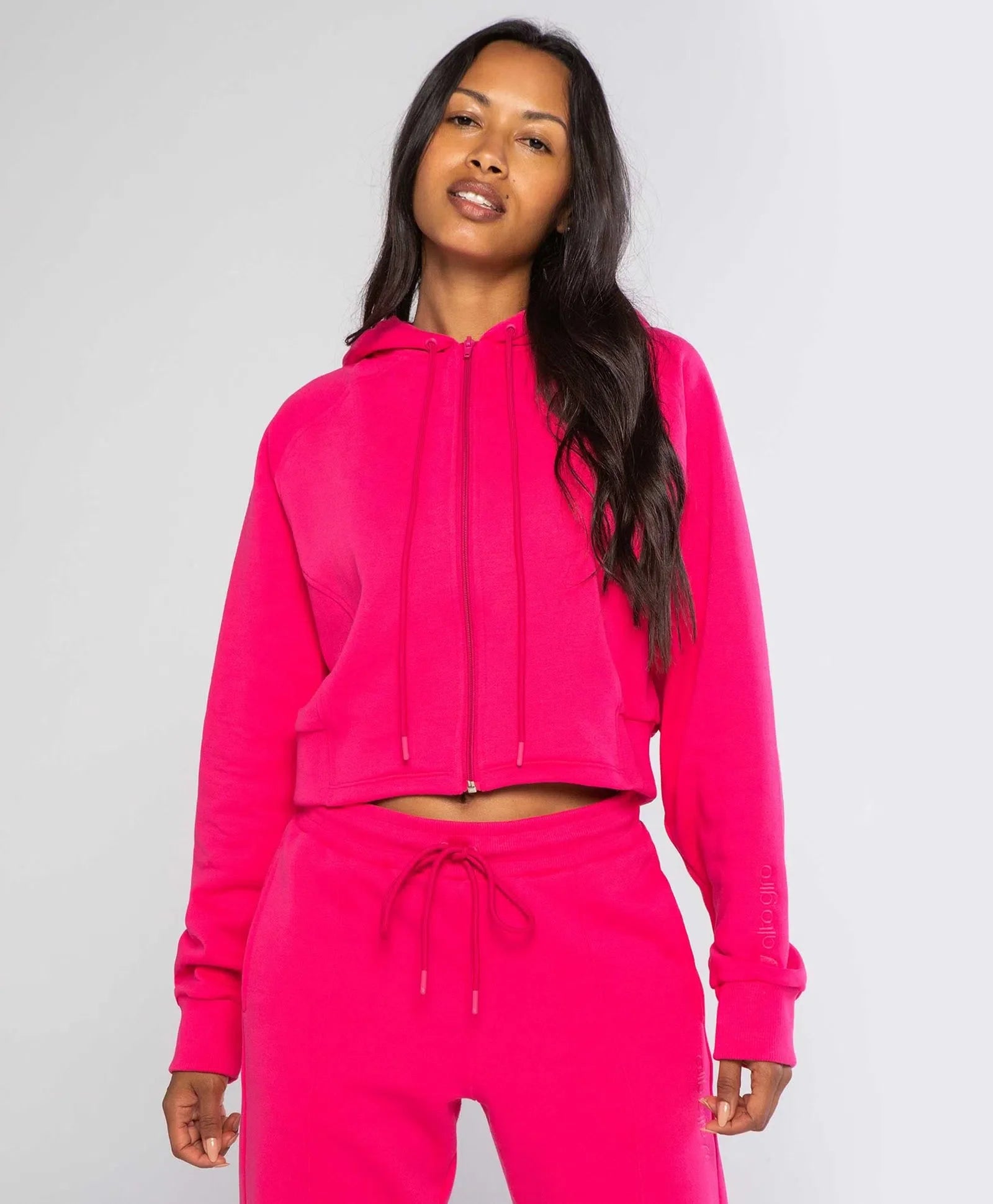 Jaqueta Moletom Cropped Com Capuz Rosa Alto Giro