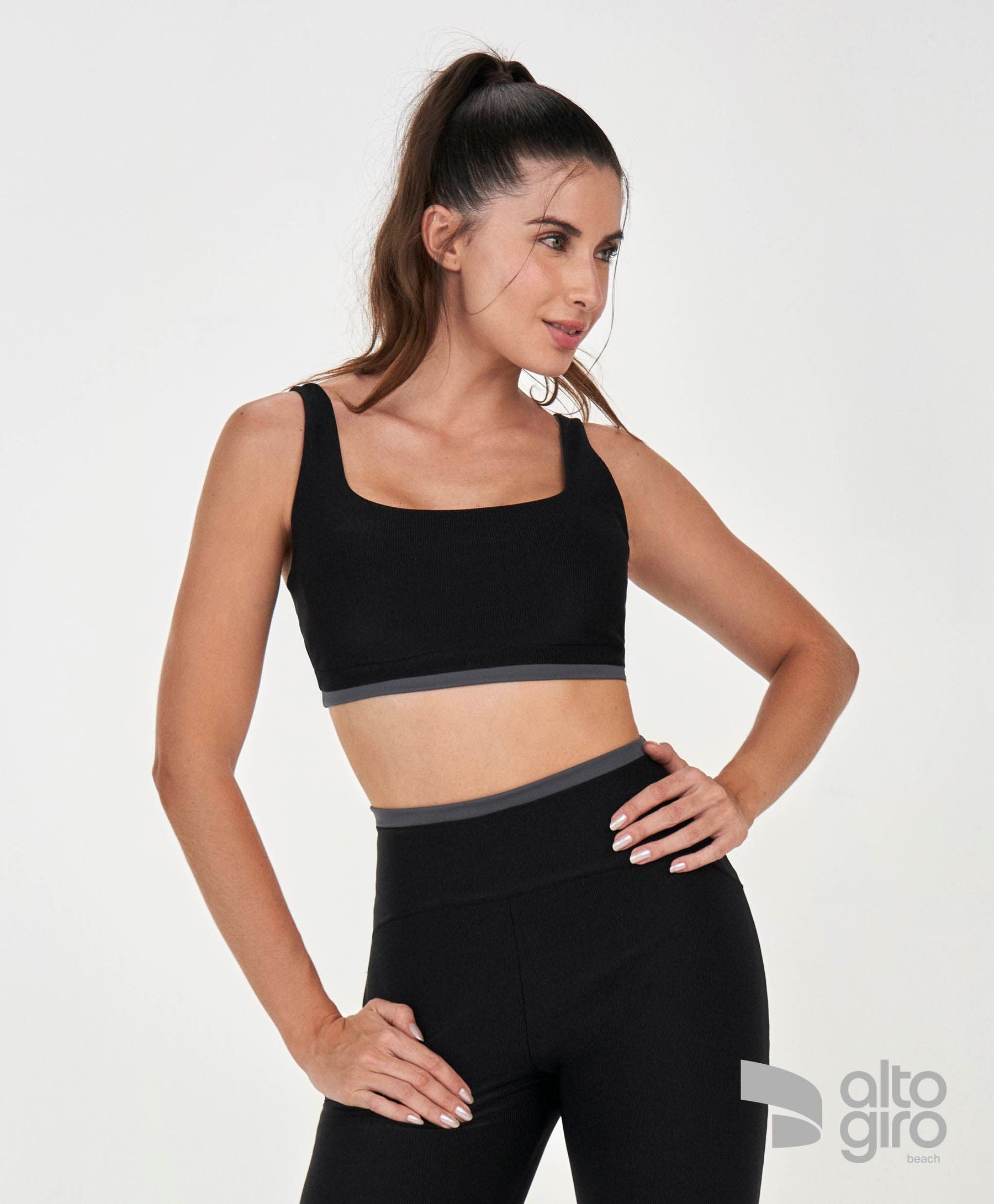 Conjunto Top e Legging Rib Shine Preto Alto Giro